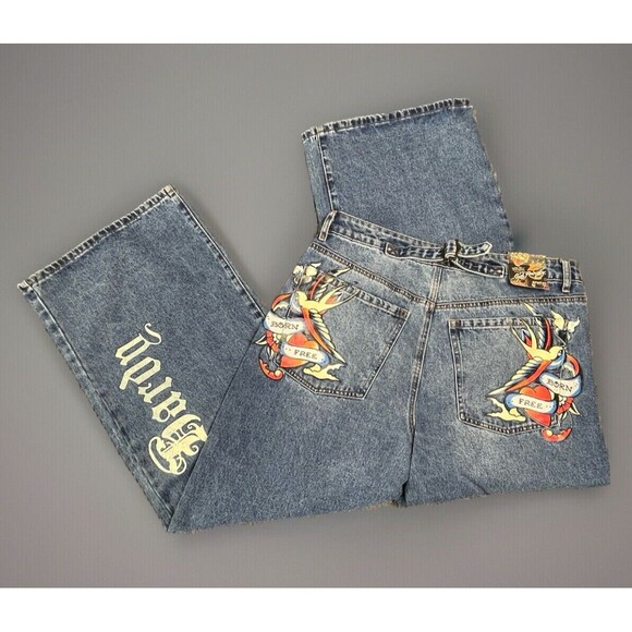 Ed Hardy Women 34 Born Free Painted Birds Loose Wide Leg Skater Denim Y2K NEW - Picture 1 of 16